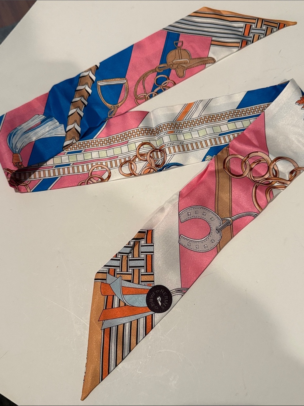 Fashion Accessories Multicolor Silk Twilly Scarf - Blue, Pink & Orange Accents